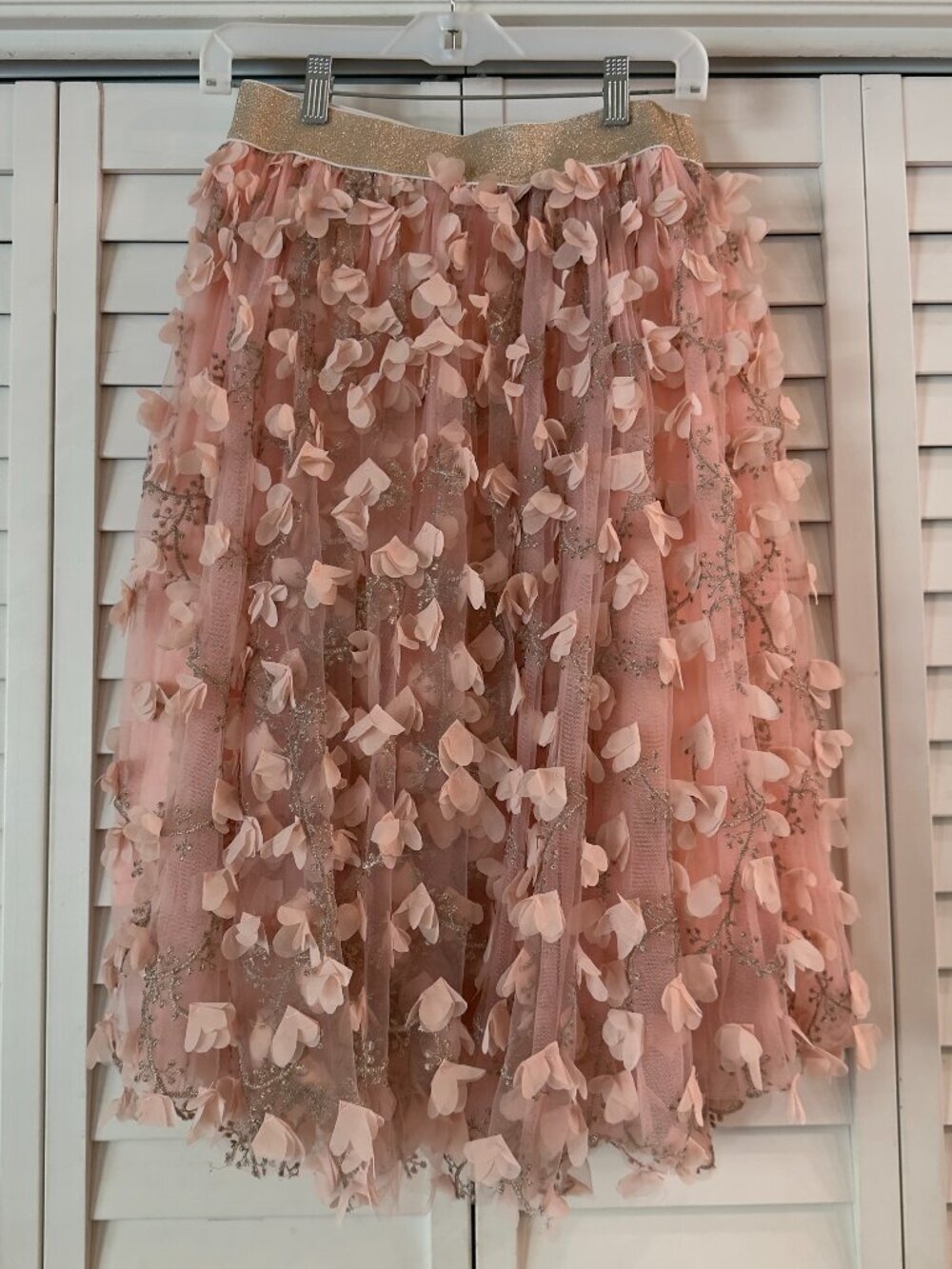 EleStory Pink 3D Flower Tulle Midi Skirt Gold Glitter Waistband Size M